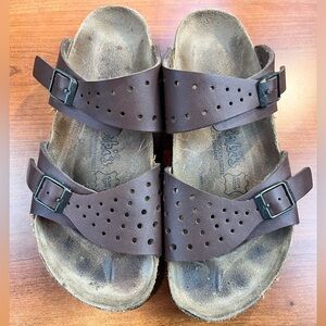 Birkenstocks Birki's Freeport Brown Leather Perforated Strap Sandals Slides Sz 6